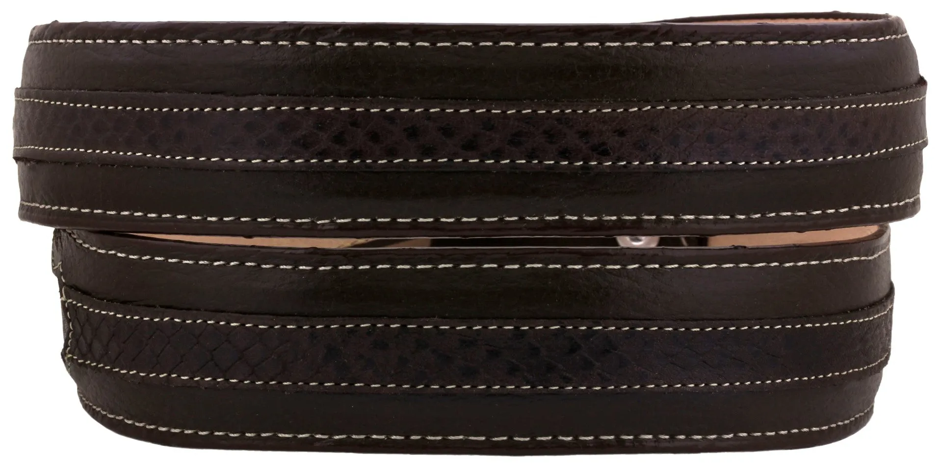 Brown Cowboy Leather Belt Snake Overlay Print - Silver Buckle