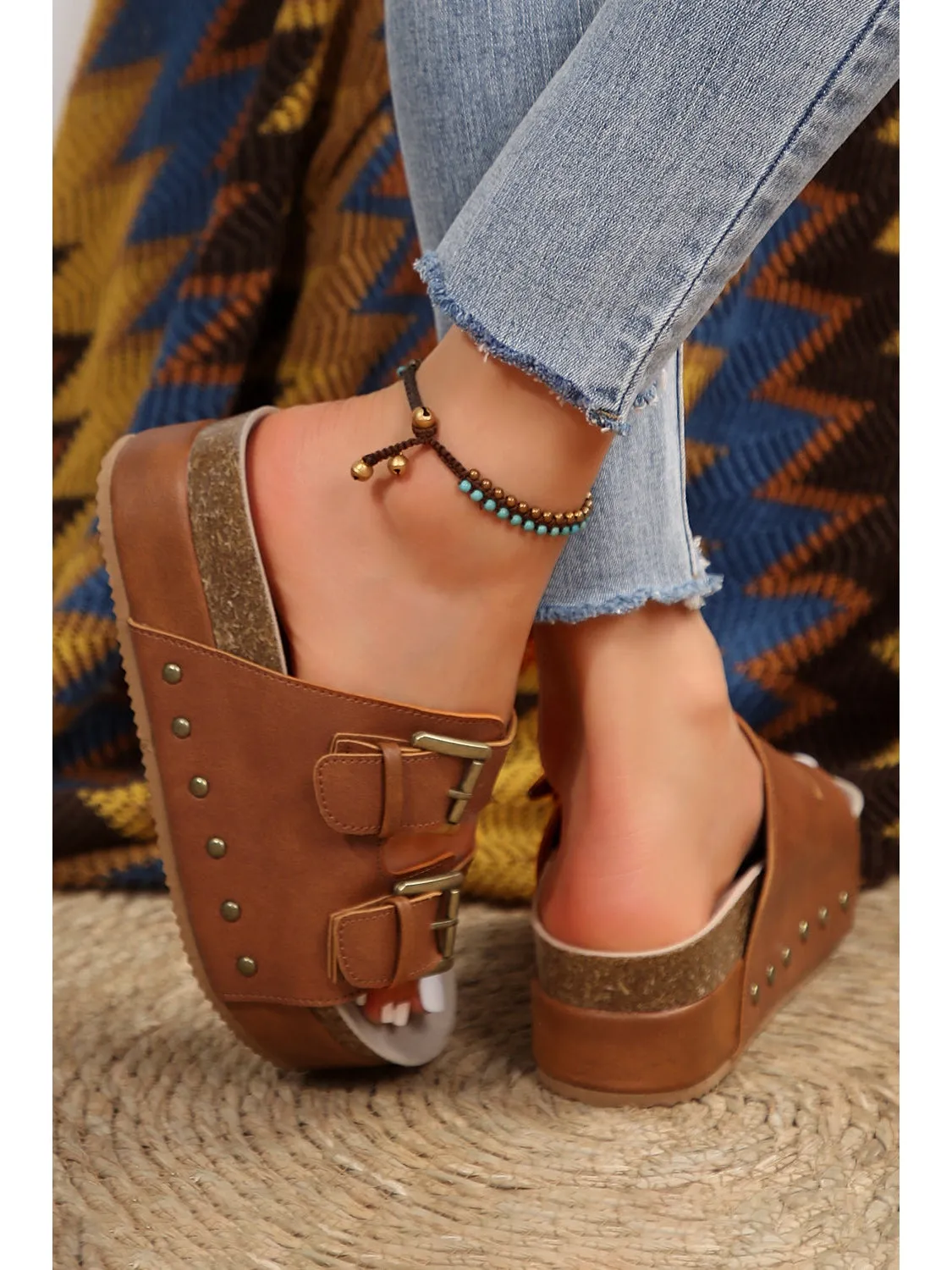 Chestnut Dual Buckle Studded Vintage Platform Slides Shoes