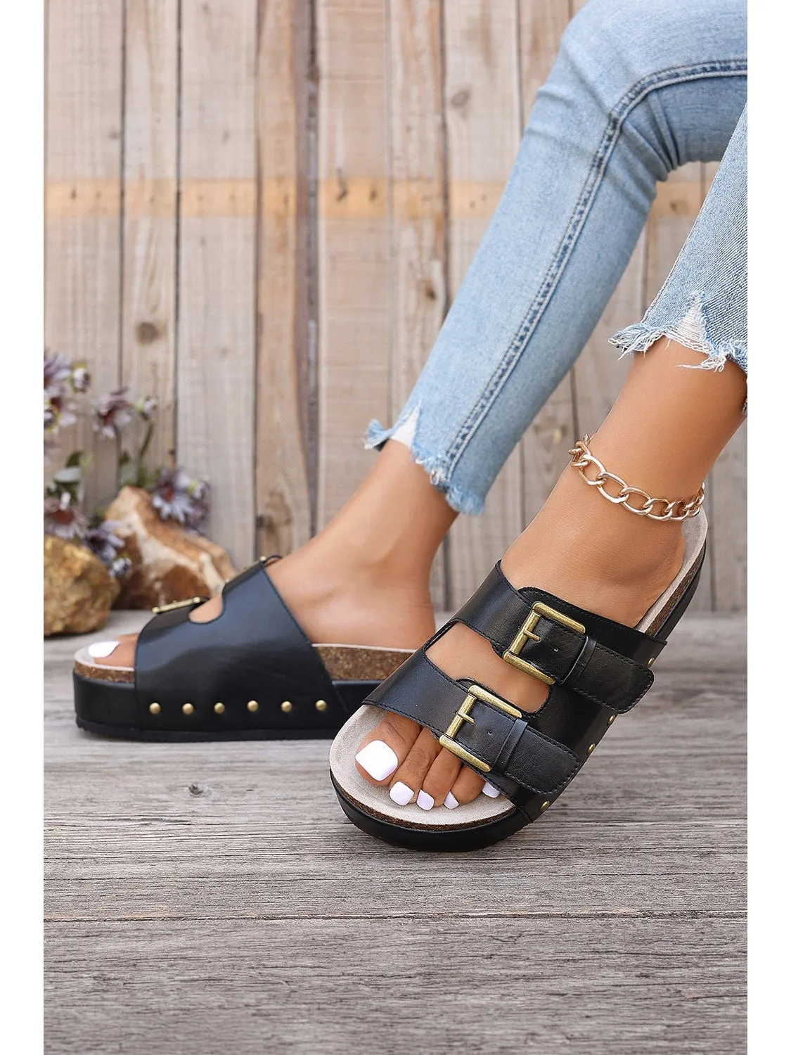 Chestnut Dual Buckle Studded Vintage Platform Slides Shoes