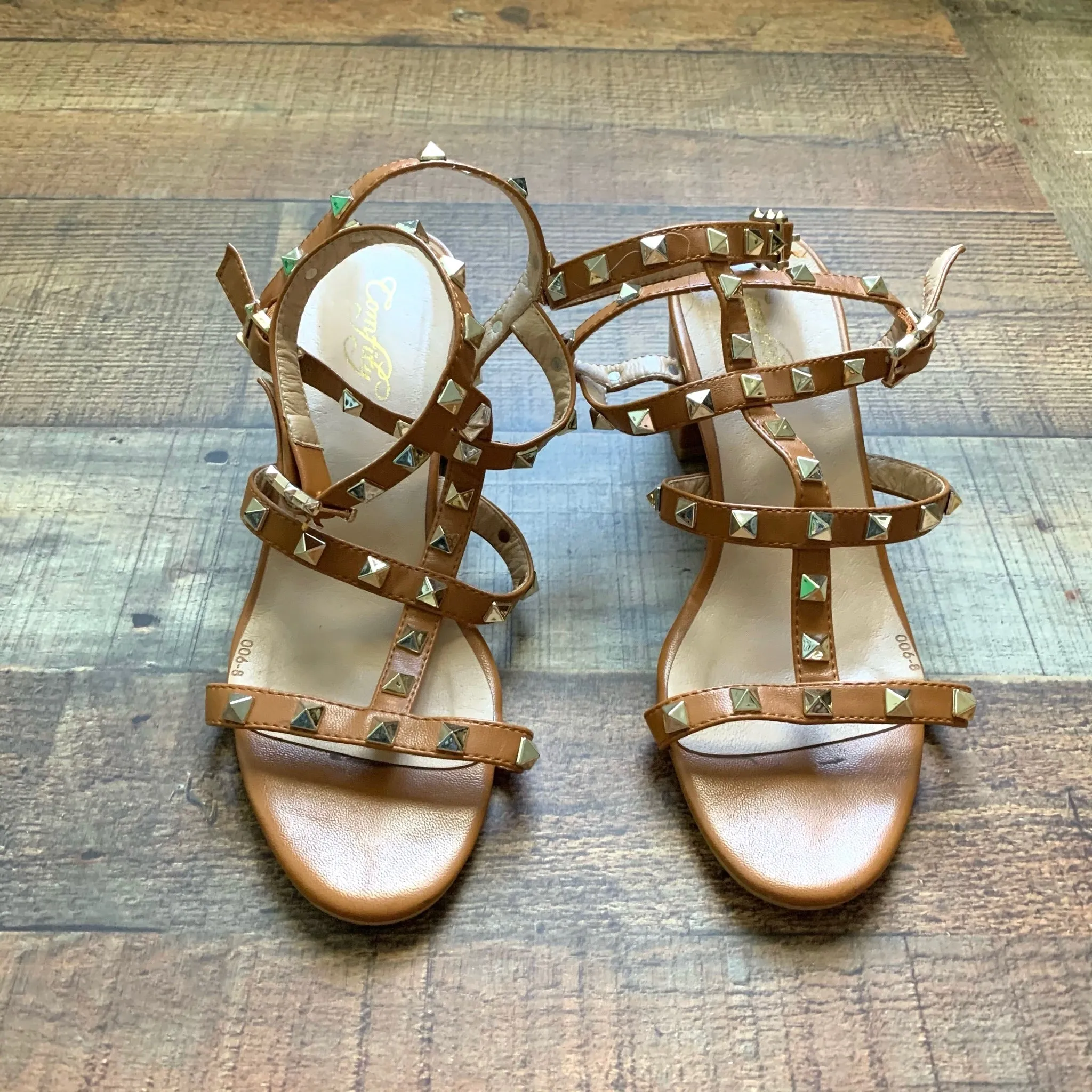 Comfity Camel Studded Ankle Strap Block Heel Sandals- Size 8