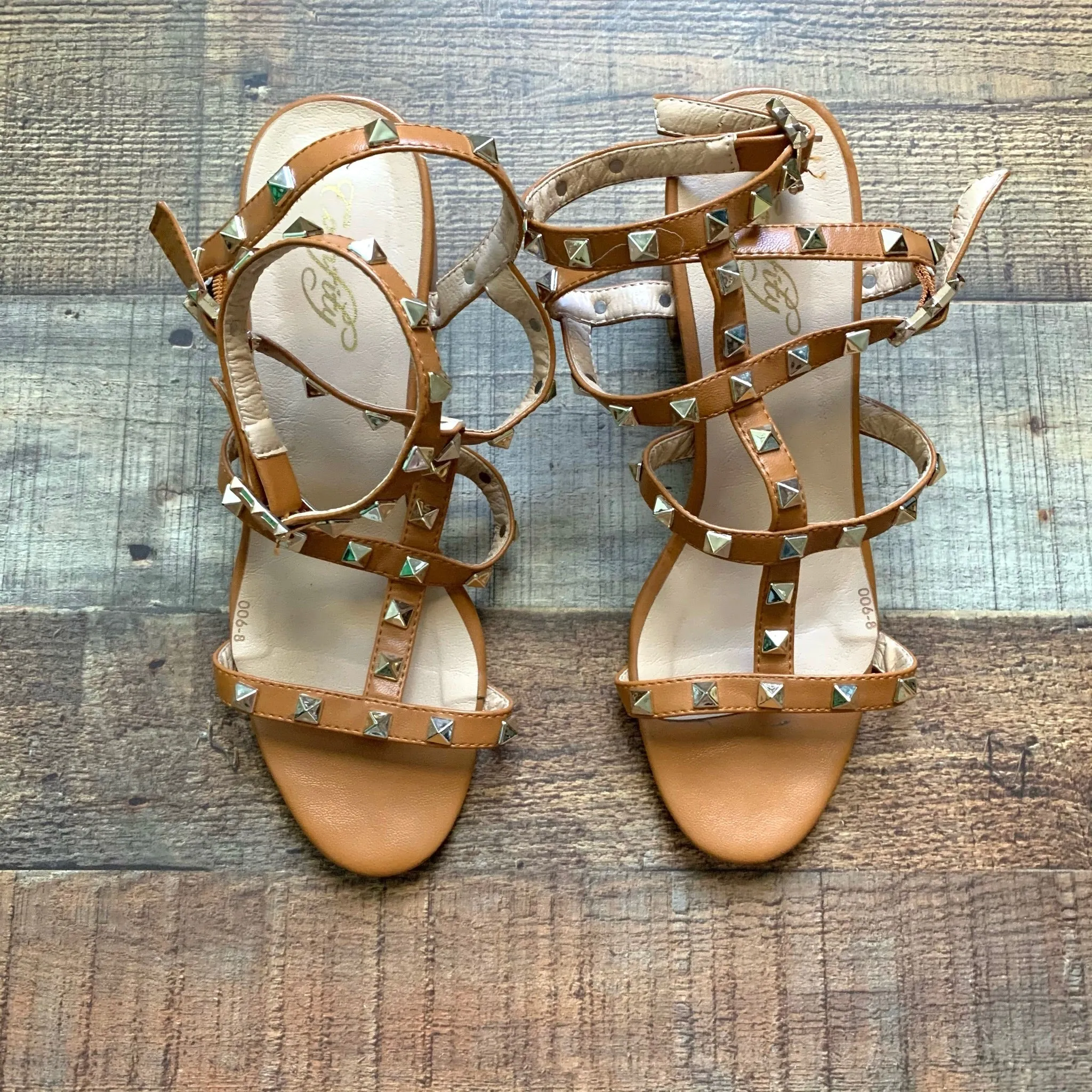 Comfity Camel Studded Ankle Strap Block Heel Sandals- Size 8