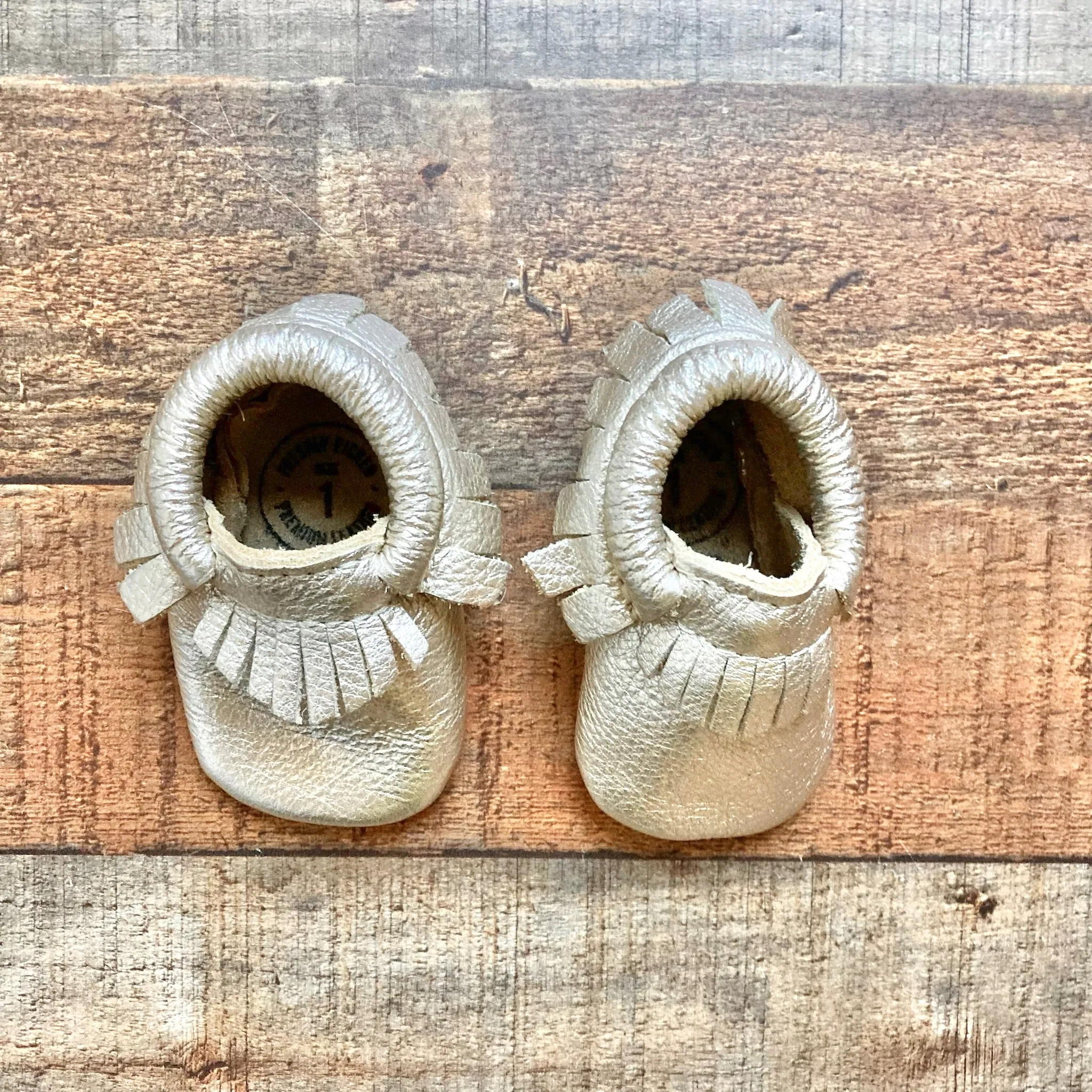 Freshly Picked Gold Leather Fringe Moccasins- Size 1