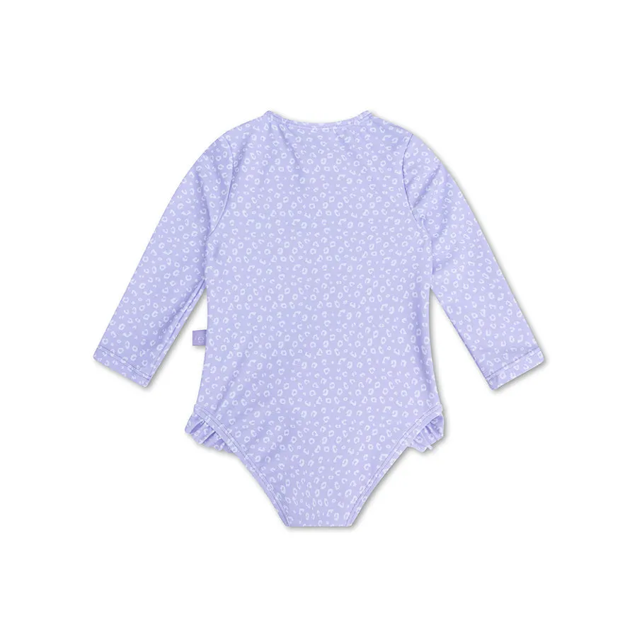 Long Sleeve Lila Leopard Print  Girl Rashguard  Swimsuit