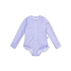 Long Sleeve Lila Leopard Print  Girl Rashguard  Swimsuit