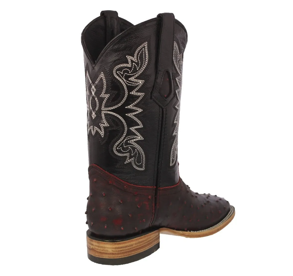 Mens Black Cherry Cowboy Boots Ostrich Quill Print Leather - Square Toe