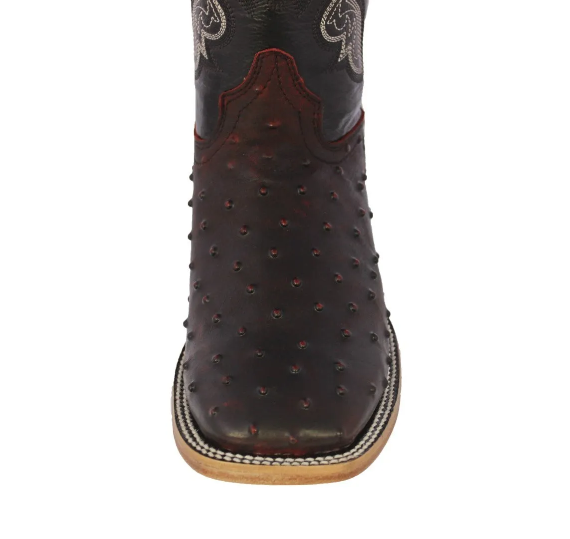 Mens Black Cherry Cowboy Boots Ostrich Quill Print Leather - Square Toe