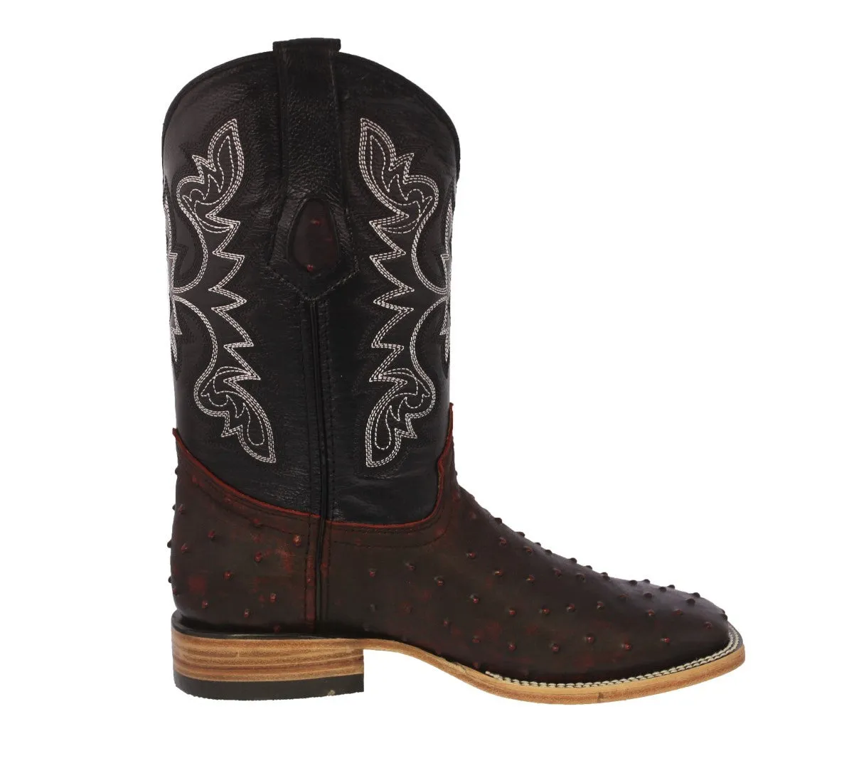 Mens Black Cherry Cowboy Boots Ostrich Quill Print Leather - Square Toe
