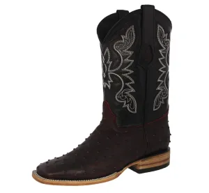 Mens Black Cherry Cowboy Boots Ostrich Quill Print Leather - Square Toe