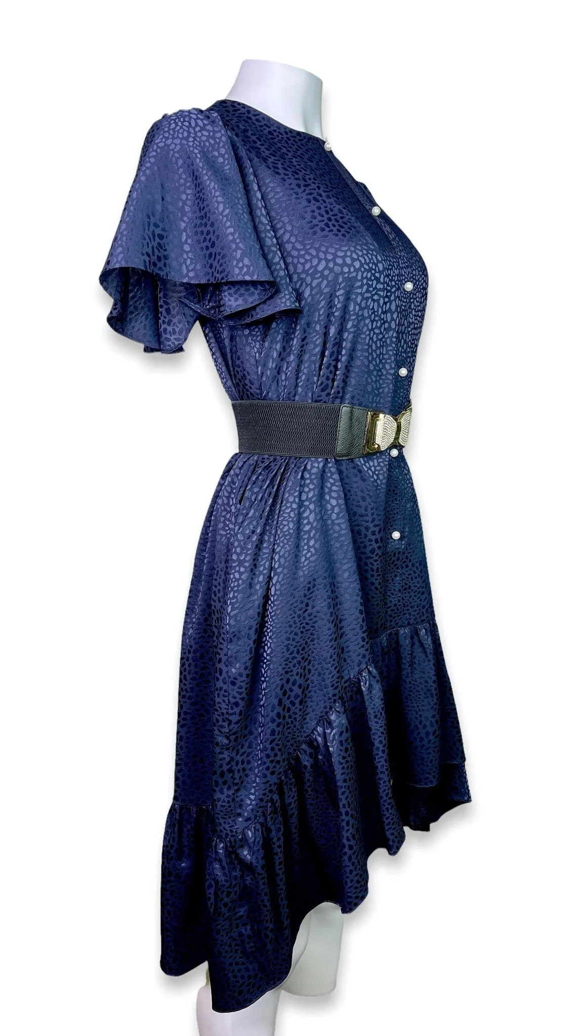 Ruffle High Low Tunic Dress In Navy Blue