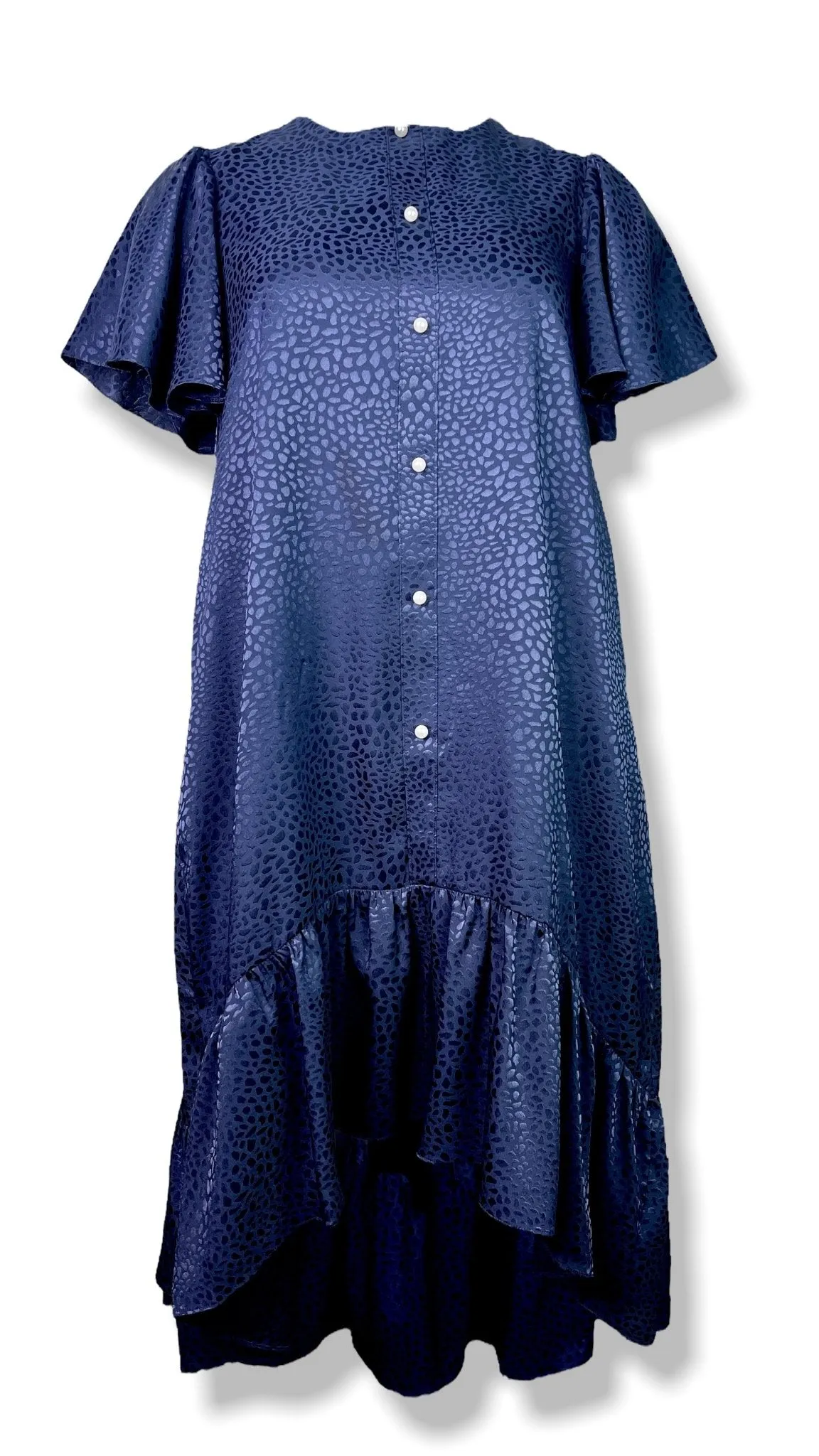 Ruffle High Low Tunic Dress In Navy Blue