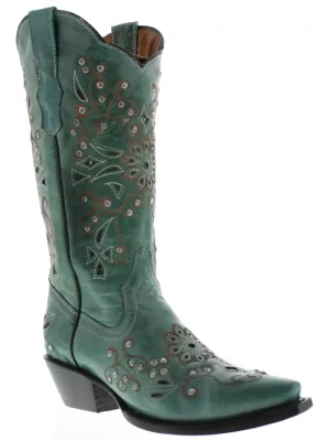 Womens 720 Turquoise Leather Cowboy Boots Rhinestones - Snip Toe