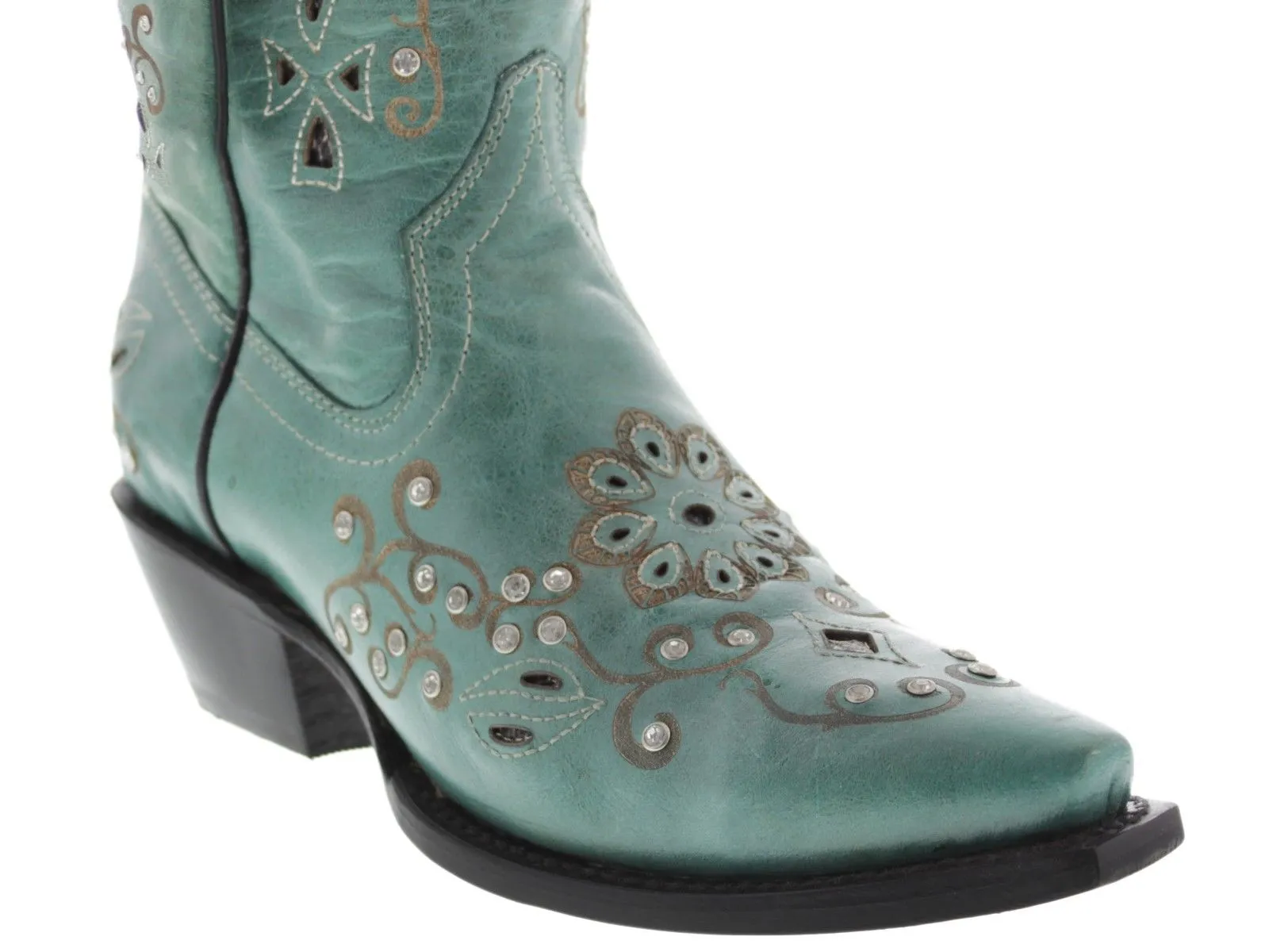 Womens 720 Turquoise Leather Cowboy Boots Rhinestones - Snip Toe