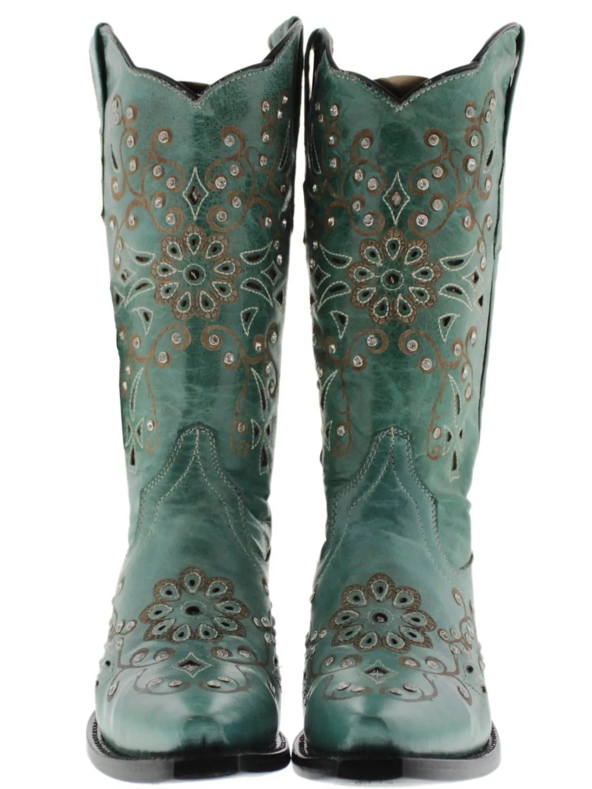 Womens 720 Turquoise Leather Cowboy Boots Rhinestones - Snip Toe