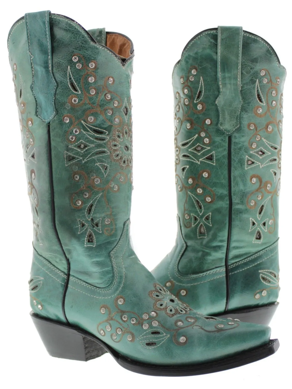 Womens 720 Turquoise Leather Cowboy Boots Rhinestones - Snip Toe