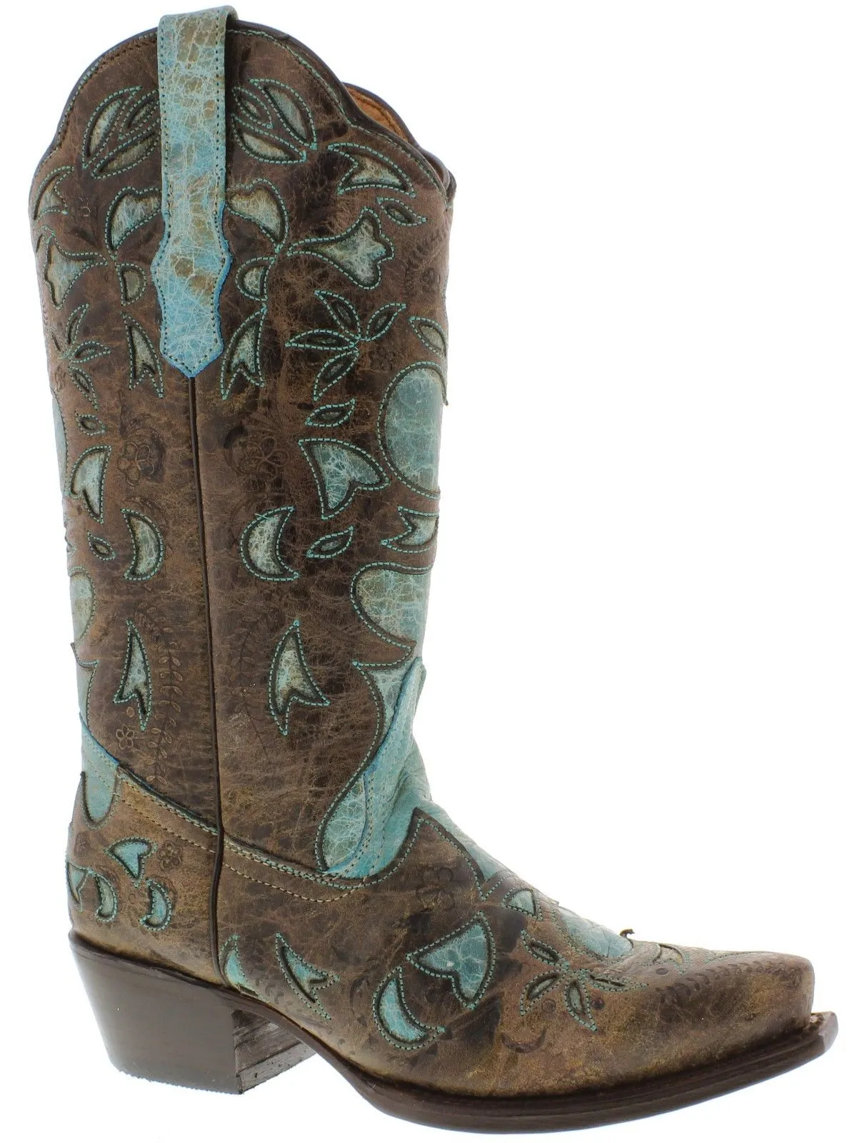 Womens 830 Turquoise Overlay Leather Cowboy Boots Snip Toe