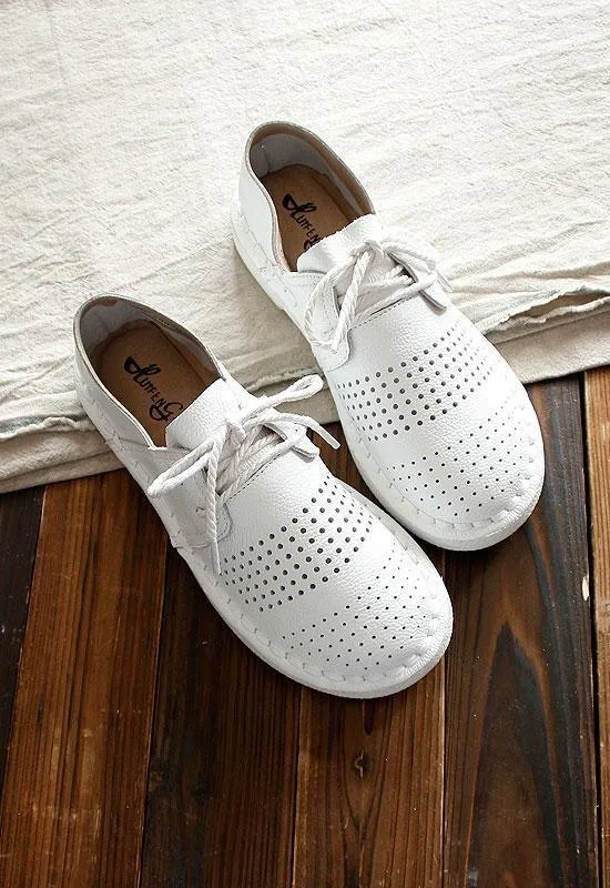 Women's Casual Shoes Leather Simple White Handmade Flats