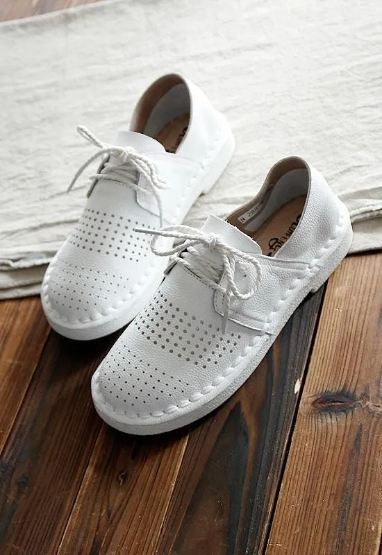 Women's Casual Shoes Leather Simple White Handmade Flats