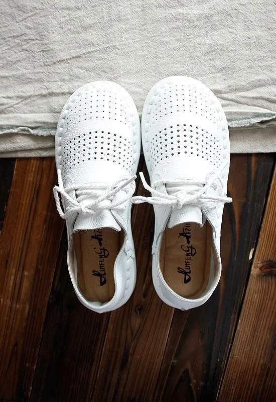Women's Casual Shoes Leather Simple White Handmade Flats