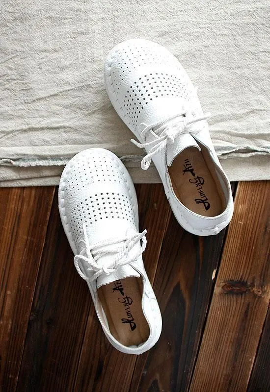 Women's Casual Shoes Leather Simple White Handmade Flats