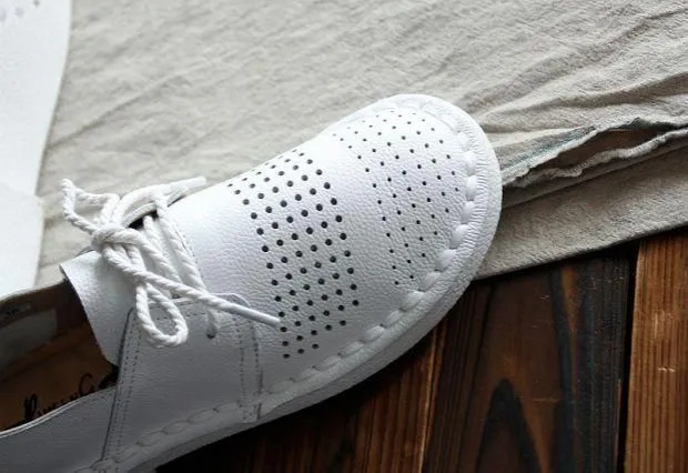 Women's Casual Shoes Leather Simple White Handmade Flats