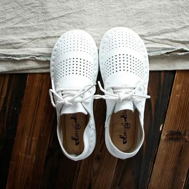 Women's Casual Shoes Leather Simple White Handmade Flats