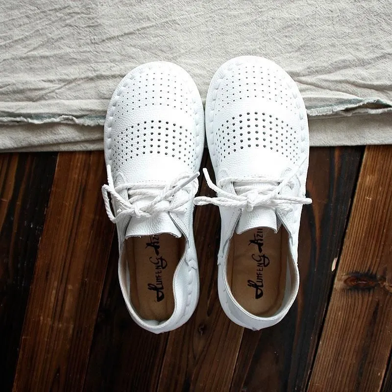 Women's Casual Shoes Leather Simple White Handmade Flats