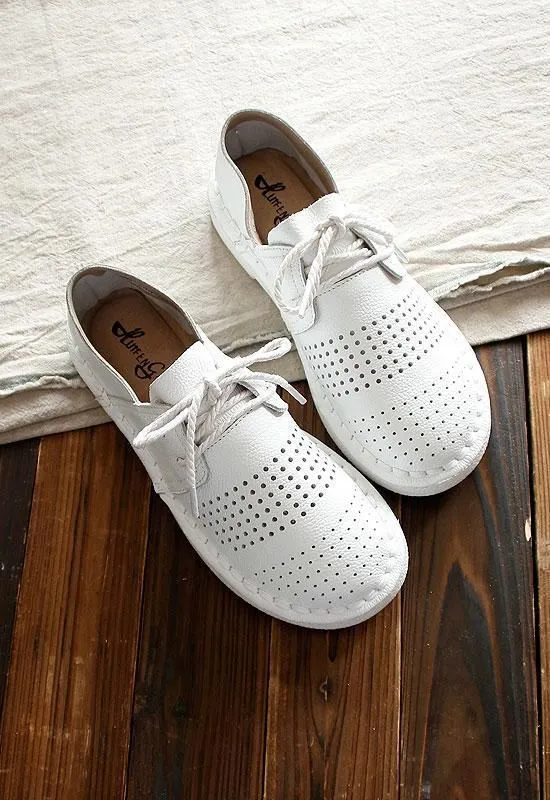Women's Casual Shoes Leather Simple White Handmade Flats