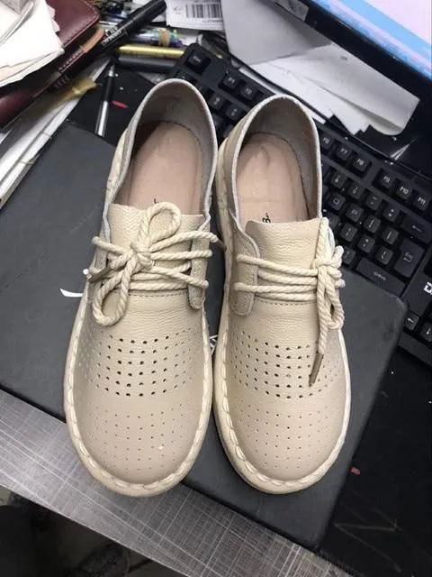 Women's Casual Shoes Leather Simple White Handmade Flats