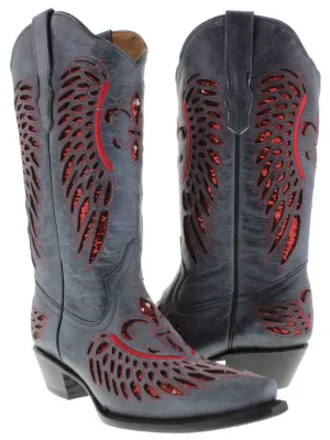 Womens Denim Blue Boots Fleur-De-Lis & Wings Red Sequins - Snip Toe