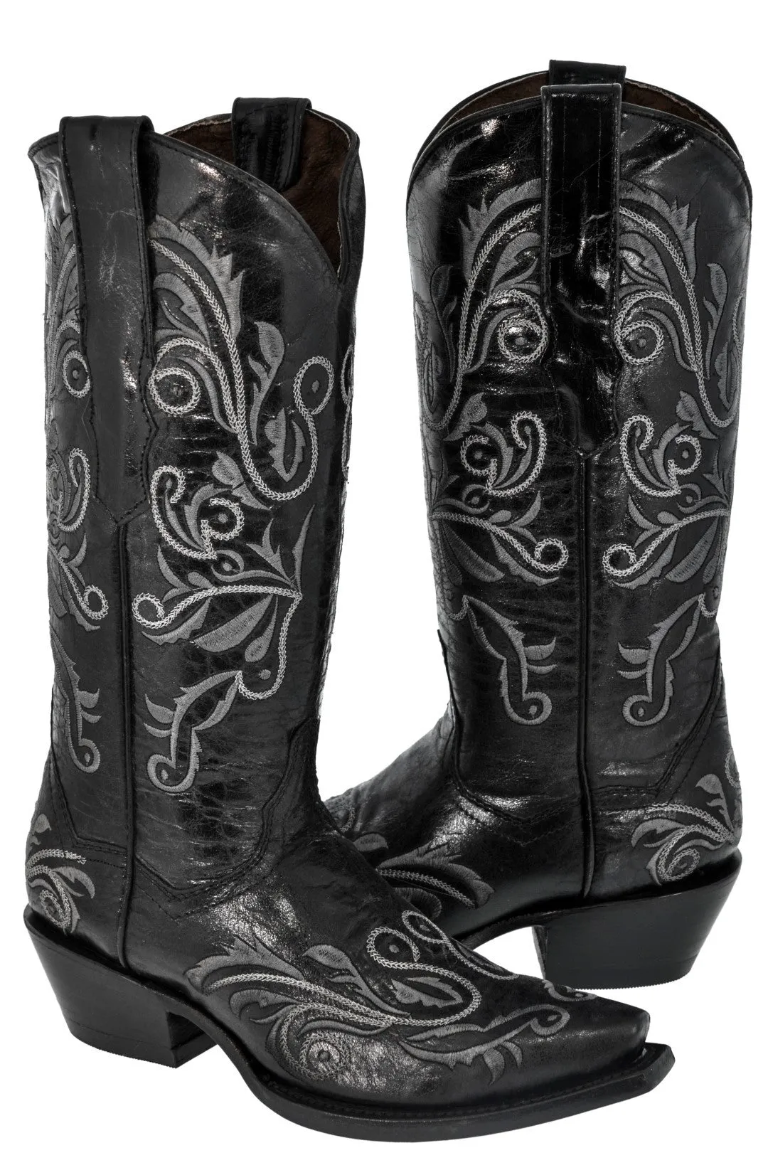 Womens Granada Black Cowboy Boots Swan Embroidered - Snip Toe