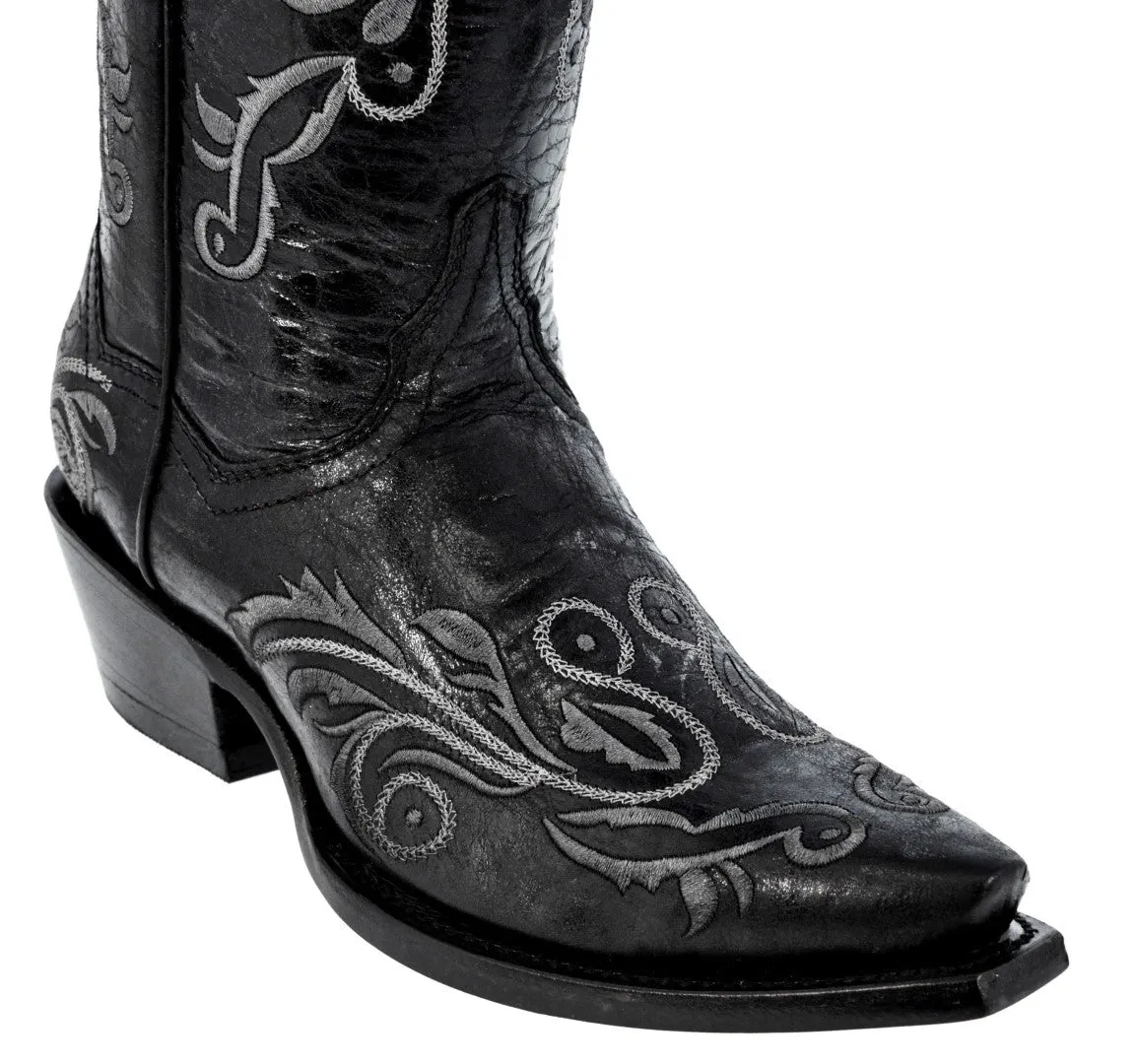 Womens Granada Black Cowboy Boots Swan Embroidered - Snip Toe